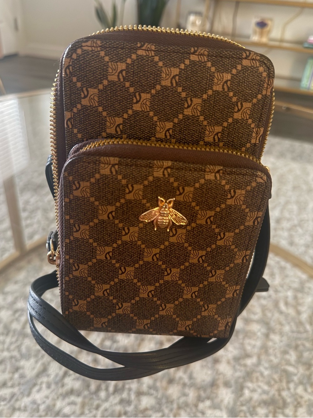Designer Inspired Bee Crossbody Phone Bag Brown Monogram Triple Zip Wallet Purse